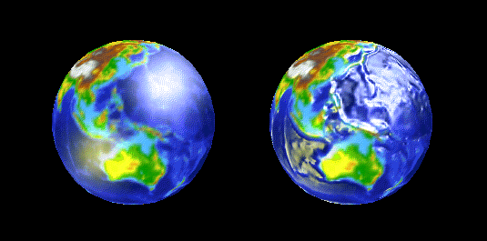Smooth sphere on left simulates Earth; sphere on right adds bumpmap texture