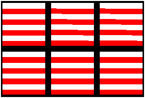 Six-sectioned box with noncontinuous red horizontal lines in the two upper-right squares