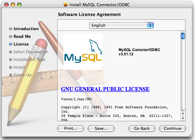 MyODBC Mac OS X Installer -
                  License