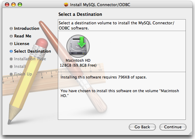 MyODBC Mac OS X Installer - Choosing
                  a destination