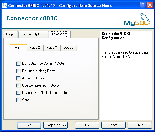 MyODBC Connection Advanced Dialog